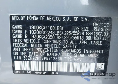 2023 Honda Hr-V Awd Sport z USA, uszkodzony, nr VIN 3CZRZ2H57PM712838